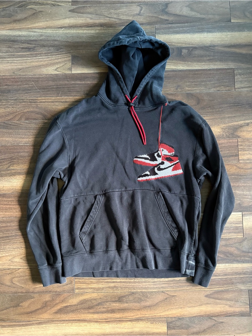 Jordan Black Hoodie with Red & White Sneaker Beaded Graphic